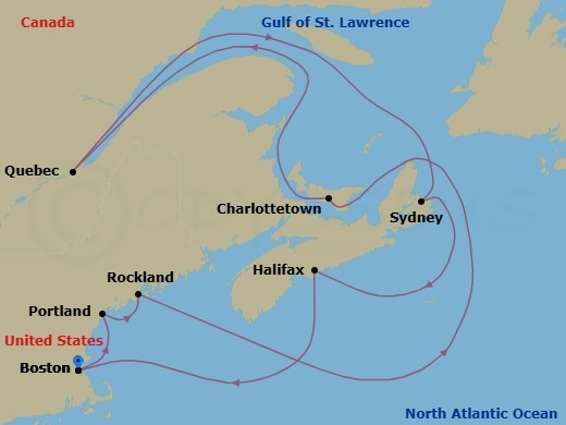 Route map: Boston, Massachusetts → Portland, Maine → Rockland, Maine → Charlottetown, P.E.I. → Quebec City, Quebec → Sydney, Nova Scotia → Halifax, Nova Scotia → Boston, Massachusetts