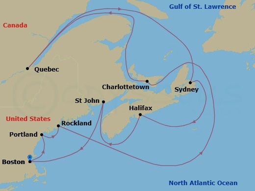 Route map: Boston, Massachusetts → Portland, Maine → Rockland, Maine → Charlottetown, P.E.I. → Quebec City, Quebec → Sydney, Nova Scotia → Halifax, Nova Scotia → Saint John,Nb (Bay Of Fundy) → Boston, Massachusetts