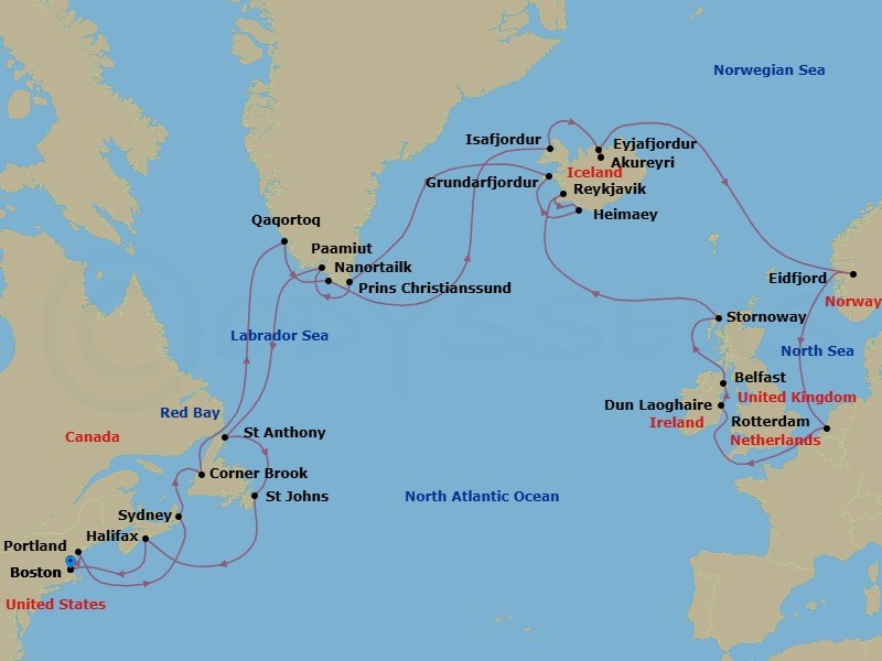 Route map: Boston, Massachusetts, US → Portland, Maine, US → Sydney, Nova Scotia, Canada → Corner Brook, Newfoundland, Canada → Red Bay, Labrador, Canada → Paamiut (Frederikshab), Greenland → Nanortalik, Greenland → Isafjordur, Iceland → Akureyri, Iceland → Eidfjord, Norway