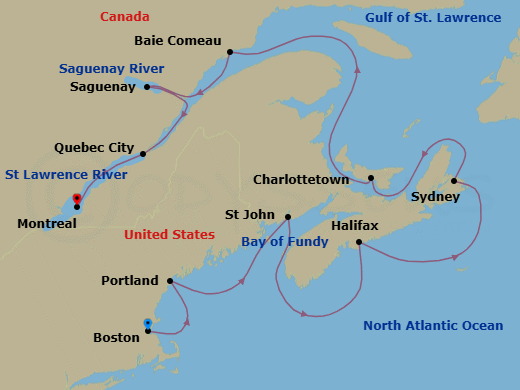Route map: Boston → Portland → Saint John (Bay Of Fundy) → Halifax → Sydney → Charlottetown → Baie-Comeau → Saguenay → Quebec City → Montreal