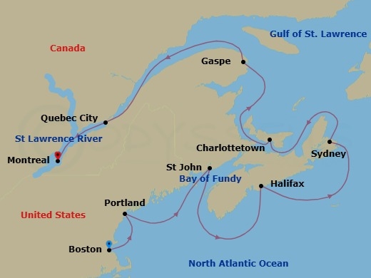 Route map: Boston → Portland → Saint John (Bay Of Fundy) → Halifax → Sydney → Charlottetown → Gaspesie → Quebec City → Montreal