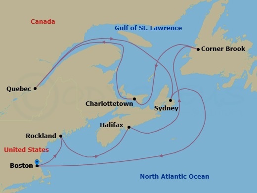 Route map: Boston, Massachusetts → Rockland, Maine → Halifax, Nova Scotia → Corner Brook, Newfoundland → Charlottetown, P.E.I. → Quebec City, Quebec → Sydney, Nova Scotia → Boston, Massachusetts