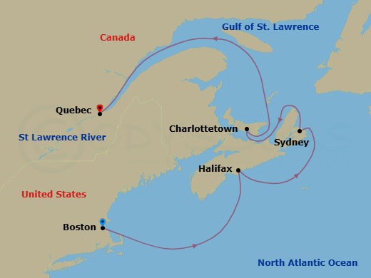 Route map: Boston, Ma → Halifax, Canada → Sydney  Cape Breton Island  Ns, Canada → Charlottetown  Prince Edward I, Canada → Quebec City, Canada