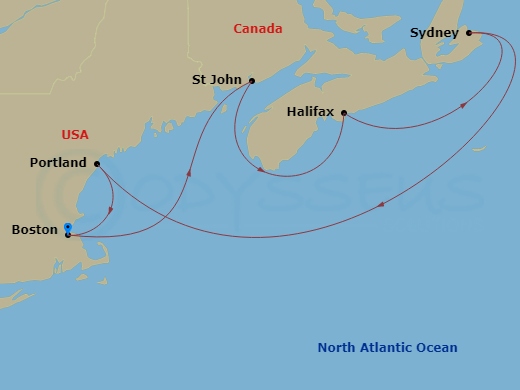 Route map: Boston, Massachusetts, US → Saint John, New Brunswick, Canada → Halifax, Nova Scotia, Canada → Sydney, Nova Scotia, Canada → Portland, Maine, US → Boston, Massachusetts, US