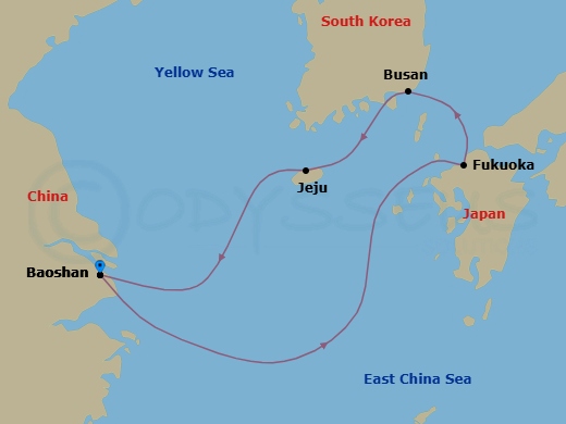 Route map: Shanghai (Baoshan), China → Fukuoka, Japan → Busan, South Korea → Jeju(Seogwipo),South Korea → Shanghai (Baoshan), China