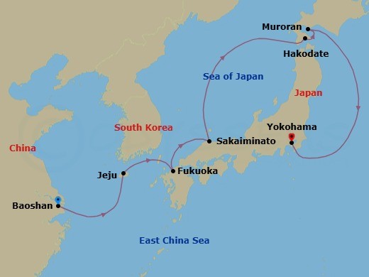 Route map: Shanghai (Baoshan), China → Jeju(Seogwipo),South Korea → Fukuoka, Japan → Sakaiminato, Japan → Hakodate, Japan → Sapporo (Muroran), Japan → Tokyo (Yokohama), Japan