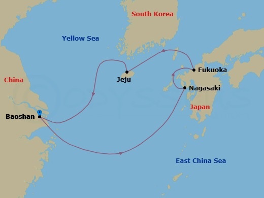 Route map: Shanghai (Baoshan), China → Nagasaki, Japan → Fukuoka, Japan → Jeju(Seogwipo),South Korea → Shanghai (Baoshan), China