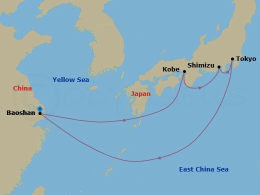 Route map: Shanghai (Baoshan), China → Kobe, Japan → Mt Fuji (Shimizu), Japan → Tokyo, Japan → Shanghai (Baoshan), China