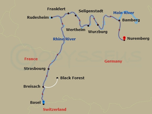 Route map: Basel, Switzerland (Embarkation) → Breisach, Germany Excursion To Black Forest → Strasbourg, France → Rudesheim, Germany-Rhine Gorge → Frankfurt Excursion To Seligenstadt → Wertheim → Wurzburg → Bamberg → Nuremberg (Disembarkation)