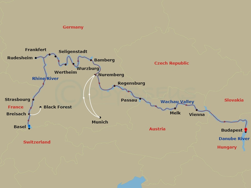 Route map: Basel, Switzerland (Embarkation) → Breisach, Germany Excursion To Black Forest → Strasbourg, France → Rudesheim, Germany-Rhine Gorge → Frankfurt Excursion To Seligenstadt → Wertheim → Wurzburg → Bamberg → Nuremberg Excursion To Munich → Nuremberg