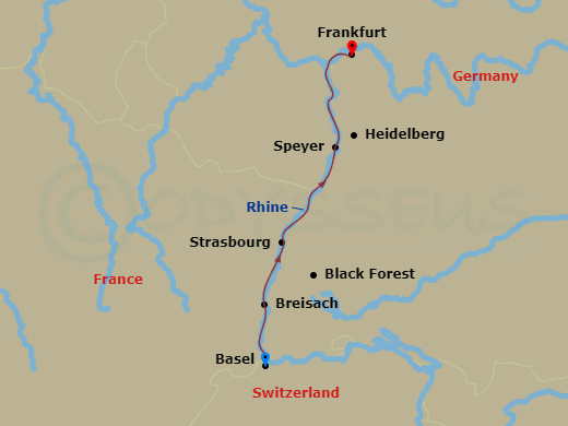 Route map: Basel, Switzerland (Embarkation) → Breisach, Germany Excursion To Black Forest → Strasbourg, France → Speyer, Germany Heidelberg Excursion → Frankfurt (Disembarkation)