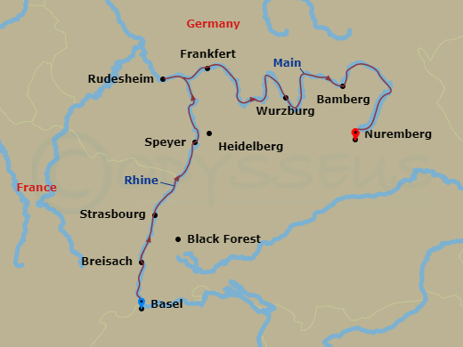Route map: Basel, Switzerland (Embarkation) → Breisach, Germany Excursion To Black Forest → Strasbourg, France → Speyer, Germany Heidelberg Excursion → Frankfurt Excursion To Rudesheim → Main River Village → Wurzburg → Bamberg → Nuremberg → Nuremberg (Disembarkation)