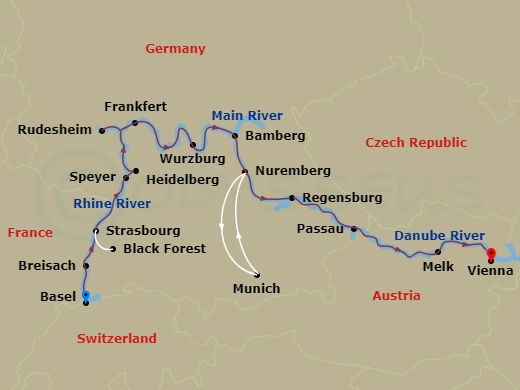 Route map: Basel, Switzerland (Embarkation) → Breisach, Germany Excursion To Black Forest → Strasbourg, France → Speyer, Germany Heidelberg Excursion → Frankfurt Excursion To Rudesheim → Main River Village → Wurzburg → Bamberg → Nuremberg → Nuremberg (Disembarkation) Excursion To Munich (Embarkation)