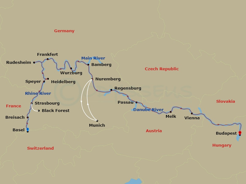 Route map: Basel, Switzerland (Embarkation) → Breisach, Germany Excursion To Black Forest → Strasbourg, France → Speyer, Germany Heidelberg Excursion → Frankfurt Excursion To Rudesheim → Main River Village → Wurzburg → Bamberg → Nuremberg → Nuremberg Excursion To Munich