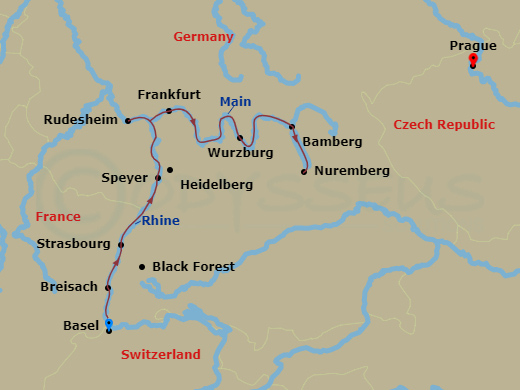 Route map: Basel, Switzerland (Embarkation) → Breisach, Germany Excursion To Black Forest → Strasbourg, France → Speyer, Germany Heidelberg Excursion → Frankfurt Excursion To Rudesheim → Main River Village → Wurzburg → Bamberg → Nuremberg → Nuremberg (Disembarkation)-Prague, Czech Republic