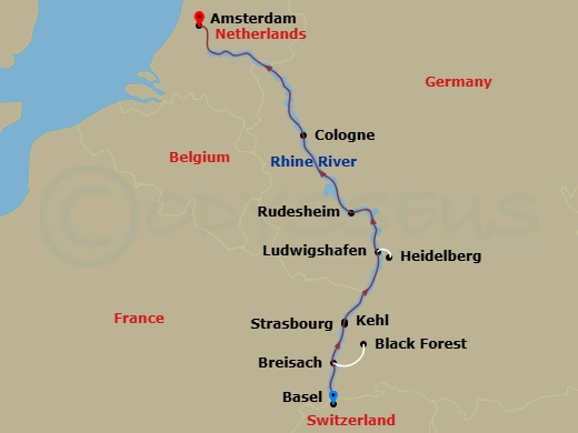 Route map: Basel, Switzerland (Embarkation) → Breisach, Germany Excursion To Black Forest → Kehl Excursion To Strasbourg, France → Ludwigshafen, Germany Excursion To Heidelberg → Rudesheim-Rhine Gorge → Cologne → Amsterdam, The Netherlands → Amsterdam (Disembarkation)