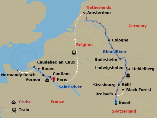 Route map: Basel, Switzerland (Embarkation) → Breisach, Germany Excursion To Black Forest → Kehl Excursion To Strasbourg, France → Ludwigshafen, Germany Excursion To Heidelberg → Rudesheim-Rhine Gorge → Cologne → Amsterdam, The Netherlands → Amsterdam (Disembarkation)  -Paris, France (Embarkation) → Vernon → Caudebec