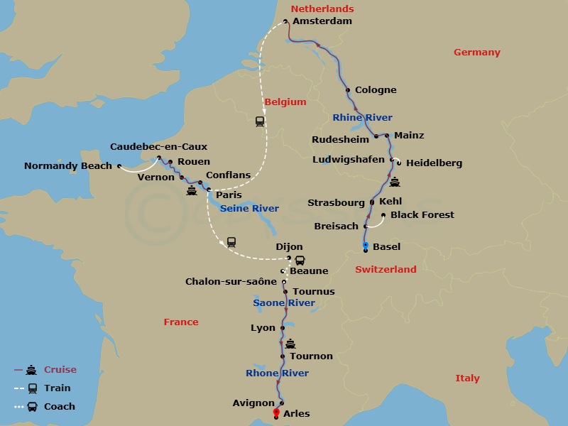 Route map: Basel, Switzerland (Embarkation) → Breisach, Germany Excursion To Black Forest → Kehl Excursion To Strasbourg, France → Ludwigshafen, Germany Excursion To Heidelberg → Rudesheim-Rhine Gorge → Cologne → Amsterdam, The Netherlands → Amsterdam (Disembarkation)-Paris, France (Embarkation) → Vernon → Caudebec