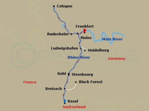Route map: Basel, Switzerland (Embarkation) → Breisach, Germany Excursion To Black Forest → Kehl Excursion To Strasbourg, France → Ludwigshafen Heidelberg Excursion → Rudesheim-Rhine Gorge → Cologne, Germany → Mainz → Frankfurt (Disembarkation)