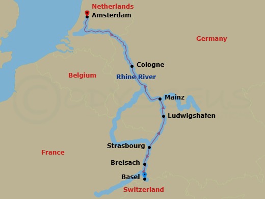Route map: Basel → Breisach → Strasbourg → Ludwigshafen → Mainz → Cologne → Amsterdam