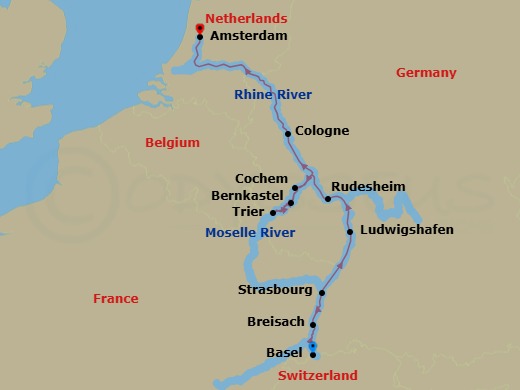 Route map: Basel → Breisach → Strasbourg → Ludwigshafen → Rudesheim → Bernkastel → Moselle Valley → Trier → Cochem → Cologne