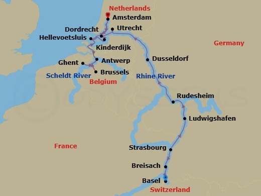 Route map: Basel → Breisach → Strasbourg → Ludwigshafen → Rudesheim → Dusseldorf → Utrecht → Amsterdam → Hellevoetsluis → Ghent