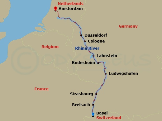 Route map: Basel → Breisach → Strasbourg → Ludwigshafen → Rudesheim → Lahnstein → Cologne → Dusseldorf → Amsterdam