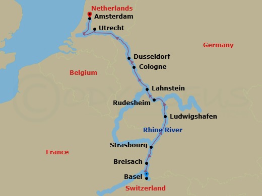 Route map: Basel → Breisach → Strasbourg → Ludwigshafen → Rudesheim → Lahnstein → Cologne → Dusseldorf → Utrecht → Amsterdam