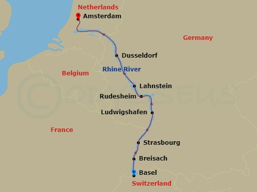 Route map: Basel → Breisach → Strasbourg → Ludwigshafen → Rudesheim → Lahnstein → Dusseldorf → Amsterdam