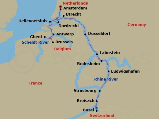 Route map: Basel → Breisach → Strasbourg → Ludwigshafen → Rudesheim → Lahnstein → Dusseldorf → Amsterdam → Utrecht → Hellevoetsluis