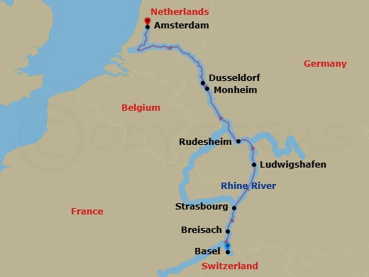 Route map: Basel → Breisach → Strasbourg → Ludwigshafen → Rudesheim → Monheim → Dusseldorf → Amsterdam