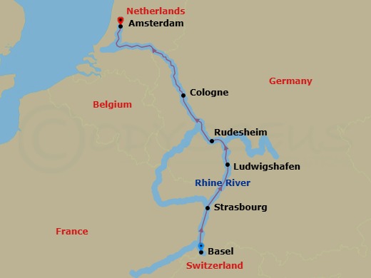 Route map: Basel → Strasbourg → Ludwigshafen → Rudesheim → Cologne → Amsterdam