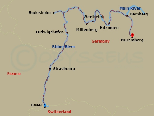 Route map: Basel → Strasbourg → Ludwigshafen → Rudesheim → Miltenberg → Wertheim → Kitzingen → Bamberg → Nuremberg