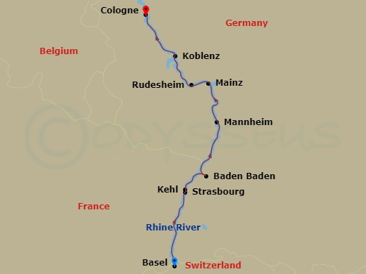 Route map: Basel → Strasbourg → Mannheim (Baden-Baden) → Mainz, Rudesheim → Cologne