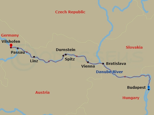 Route map: Budapest → Bratislava → Vienna → Durnstein → Spitz → Linz → Passau → Vilshofen