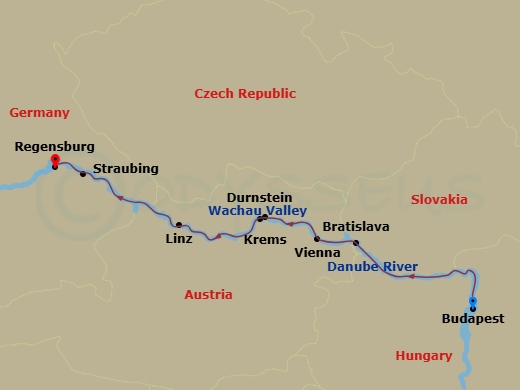 Route map: Budapest, Hungary → Scenic Budapest → Bratislava, Slovakia → Vienna, Austria → Krems, Austria → Durnstein, Austria → Wachau Scenic → Linz, Austria → Straubing, Germany → Regensburg, Germany