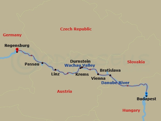 Route map: Budapest, Hungary → Scenic Budapest → Bratislava, Slovakia → Vienna, Austria → Krems, Austria → Durnstein, Austria → Wachau Scenic → Linz, Austria → Passau, Germany → Regensburg, Germany