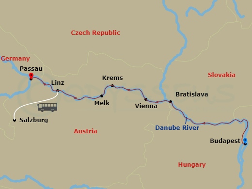 Route map: Budapest → Vienna → Krems, Melk → Linz (Salzburg) → Passau