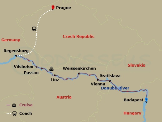 Route map: Budapest → RIVD → Budapest → Bratislava → Vienna → Weissenkirchen → Linz → Passau → Villány → Regensburg
