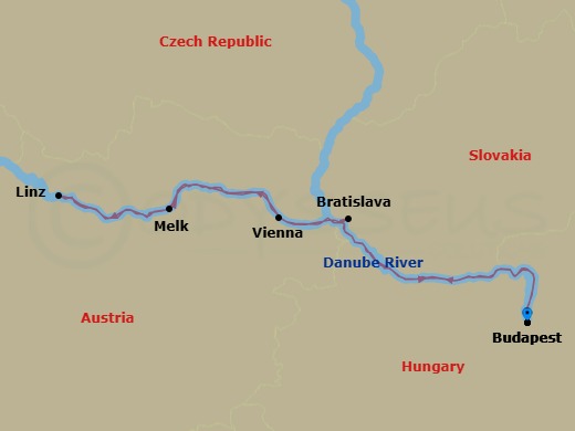 Route map: Budapest → RIVD → Budapest → Bratislava → Melk → Linz → Vienna → At River → Budapest