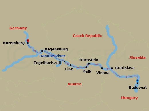 Route map: Budapest → Bratislava → Vienna → Durnstein → Melk → Linz → Engelhartszell → Regensburg → Nuremberg