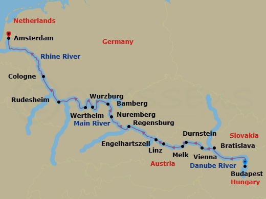 Route map: Budapest → Bratislava → Vienna → Durnstein → Melk → Linz → Engelhartszell → Regensburg → Nuremberg → Bamberg