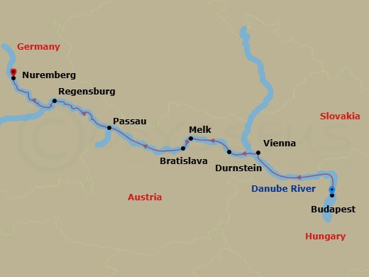 Route map: Budapest → Bratislava → Vienna → At River → Drnstein → Waca → Melk → Passau → Regensburg → Nuremberg