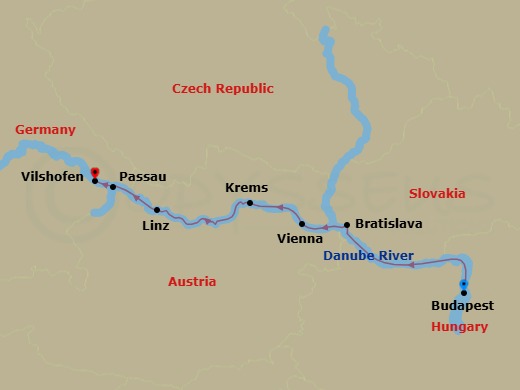 Route map: Budapest → Bratislava → Vienna → Krems → Linz → Passau → Vilshofen