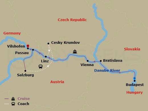 Route map: Budapest → Bratislava → Vienna → Salzburg → Cesky Krumlov → Linz → Passau → Vilshofen
