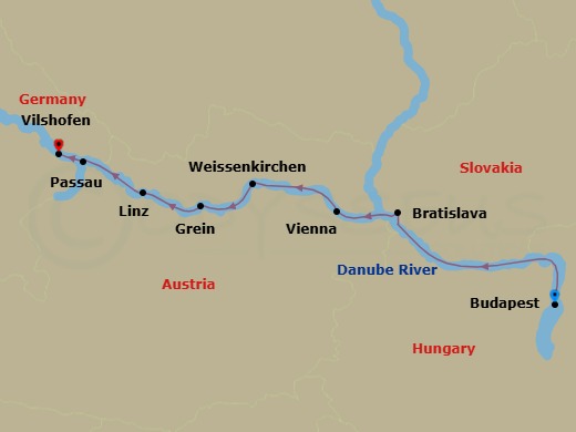 Route map: Budapest → Bratislava → Vienna → Weissenkirchen → Prudhoe Bay/Deadhorse → Grein → Linz → Passau → Villny