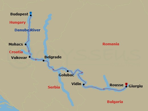 Route map: Budapest → Mohacs → Vukovar → Belgrade → Golubac → Vidin → Rousse → Giurgiu