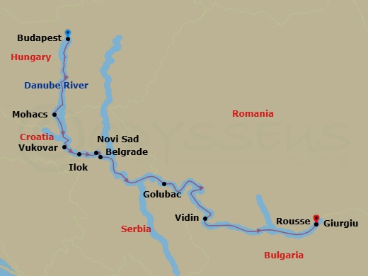 Route map: Budapest → Mohacs → Vukovar → Ilok → Novi Sad → Belgrade → Golubac → Vidin → Rousse → Giurgiu