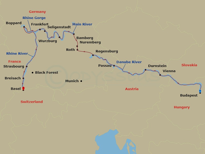 Route map: Budapest (Embarkation), Hungary → Vienna, Austria → Vienna → Durnstein-Wachau Valley → Passau, Germany → Regensburg → Roth Excursion To Nuremberg → Nuremberg-Excursion To Munich → Bamberg → Wurzburg