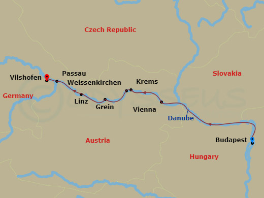 Route map: Budapest → Vienna → Krems → Weissenkirchen → Grein → Linz → Passau → Vilshofen